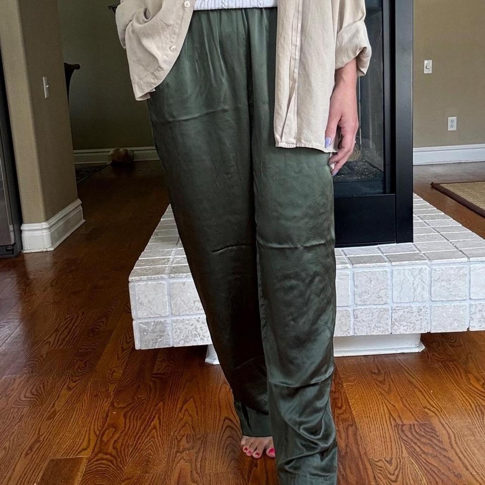 Doncaster Silk Green tailored leg pull on minimalist 100% silk pant vintage chic